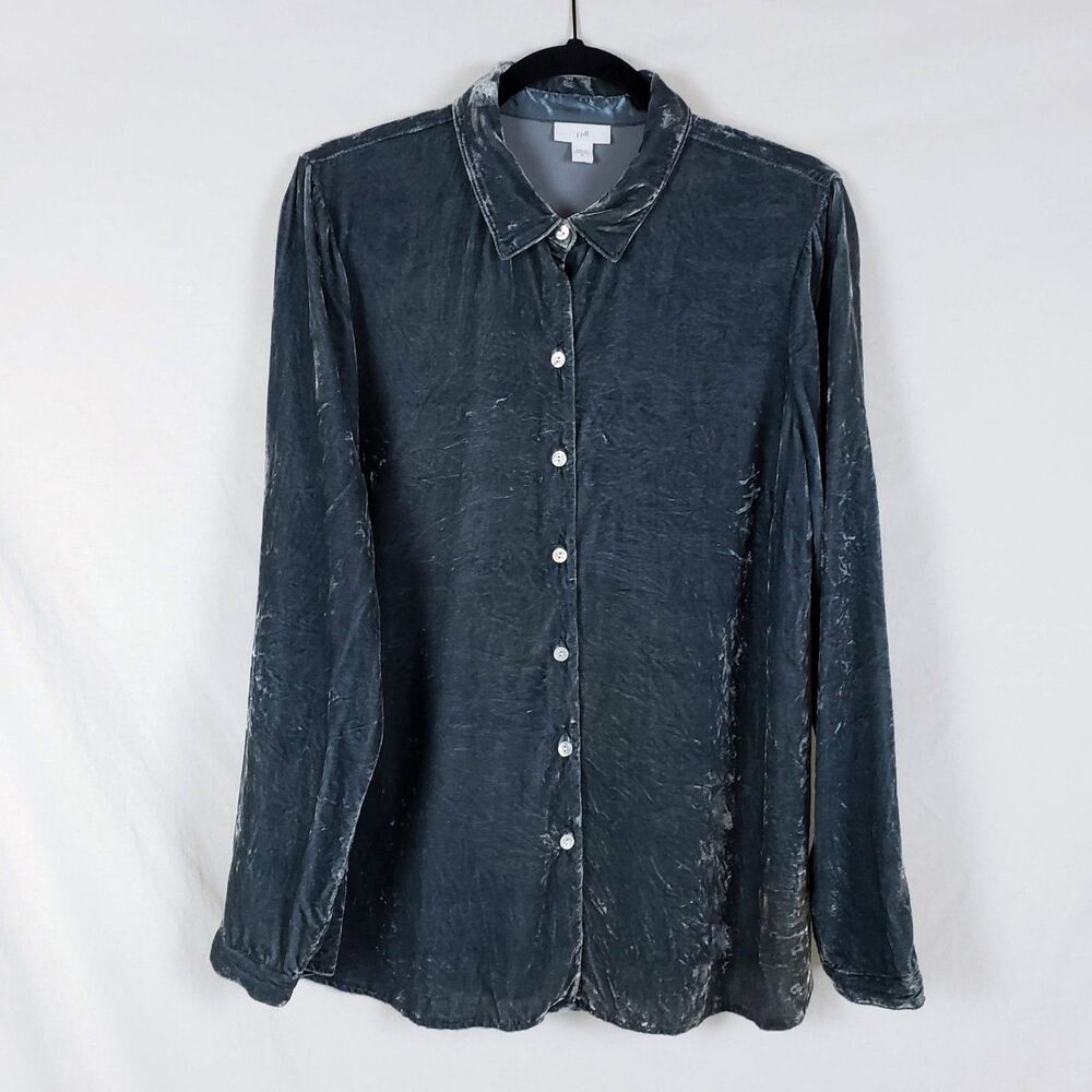 J. Jill Silk Blend Velvet Top Womens M Gray Button Front Long Sleeve Collared